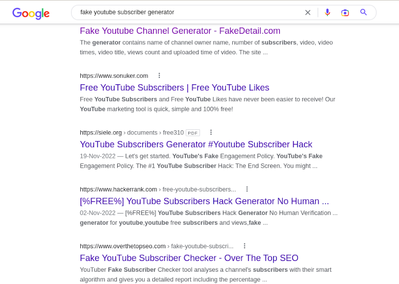 Screenshot of Google search showing fake YouTube subscribers generators